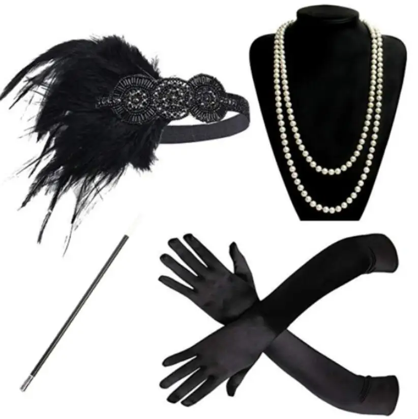 

2022 New Design Women's Cosplay Headbands Necklace Gloves Earring Set Flapper Costume 1920S Great GATSBY Halloween Accessories