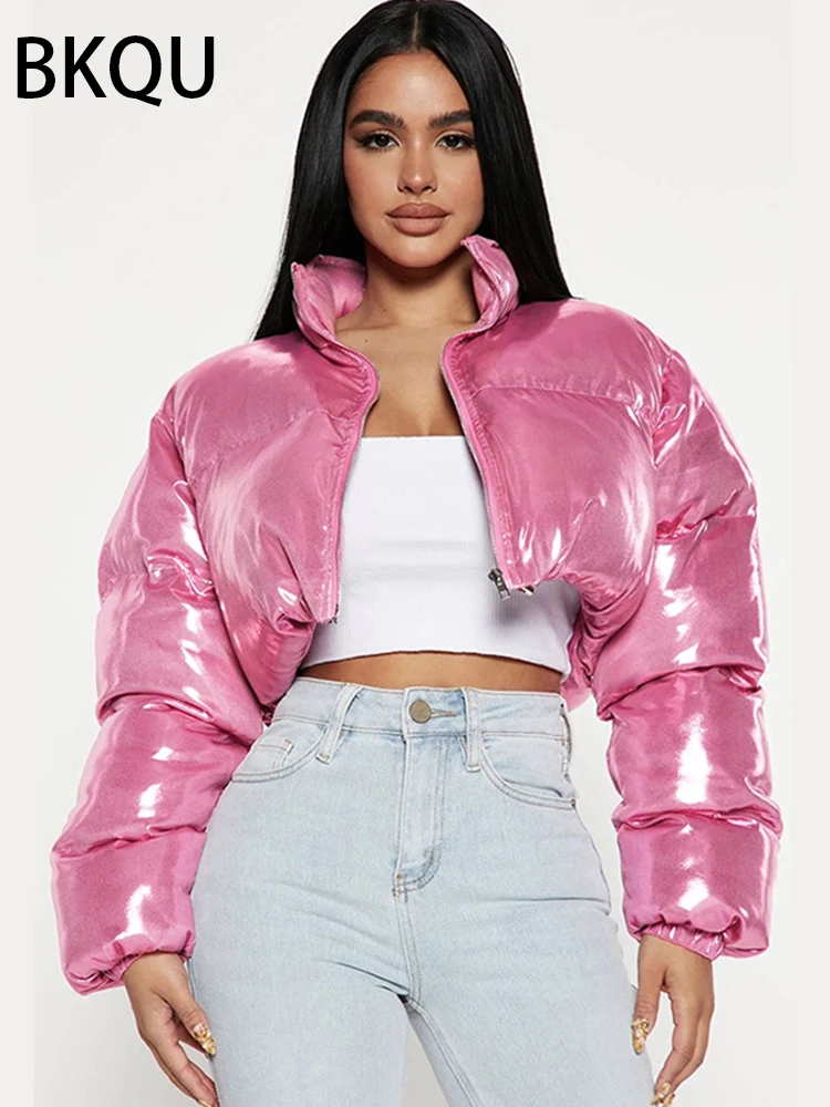 

BKQU Y2k Fairy Thick Puffer Jackets Winter Warm Bubble Coats Women Long Sleeve Stand Collar Zipper Parkas Down Cropped Coat 2023