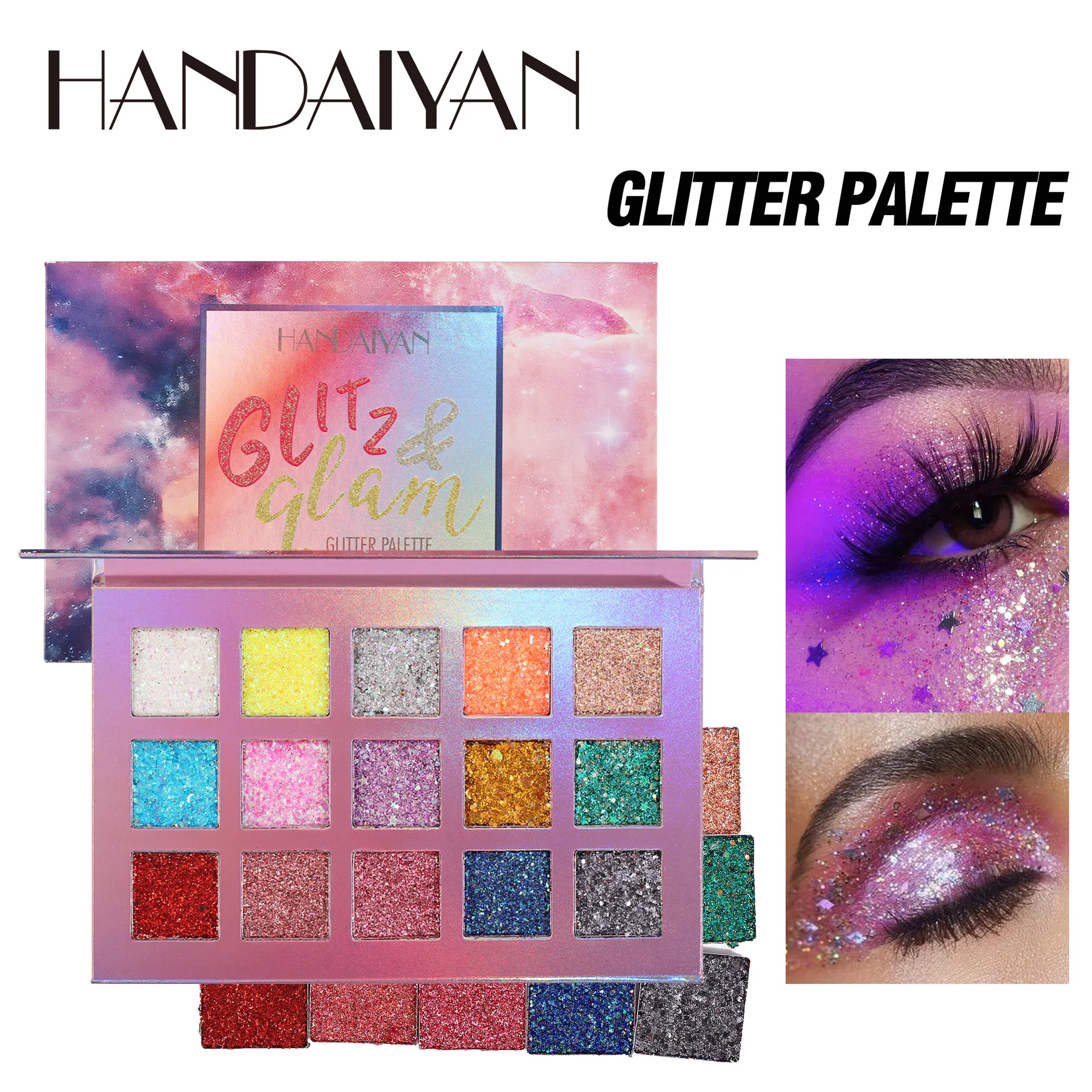 

Handaiyan 15 Colors Face Glitter Sequins Eyeshadow Palette Waterproof Diamond Shimmer Eye Shadow Gel Makeup Pigment Cosmetic