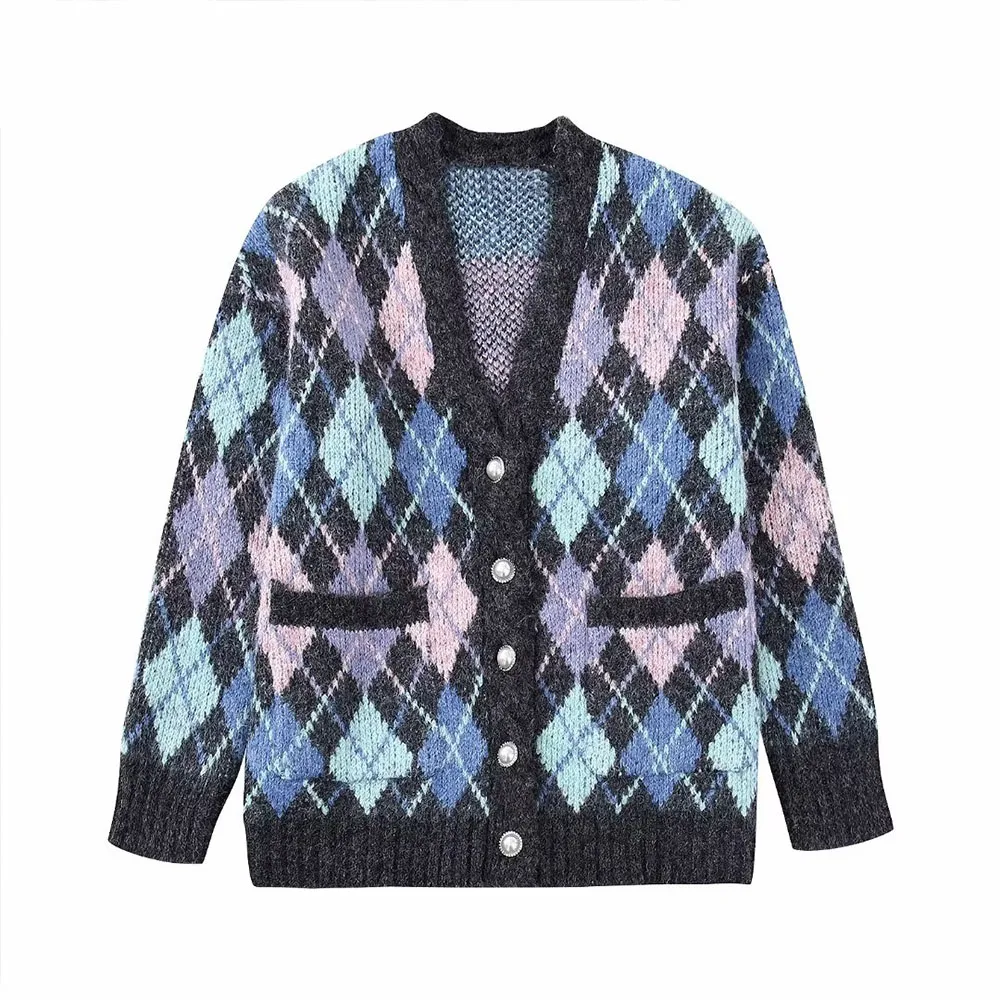 

Женское вязаное пальто с пуговицами BER & OYS & ZA, элегантное пальто с V-образным вырезом и имитацией ювелирных изделий, с узором ромбиками, осень...