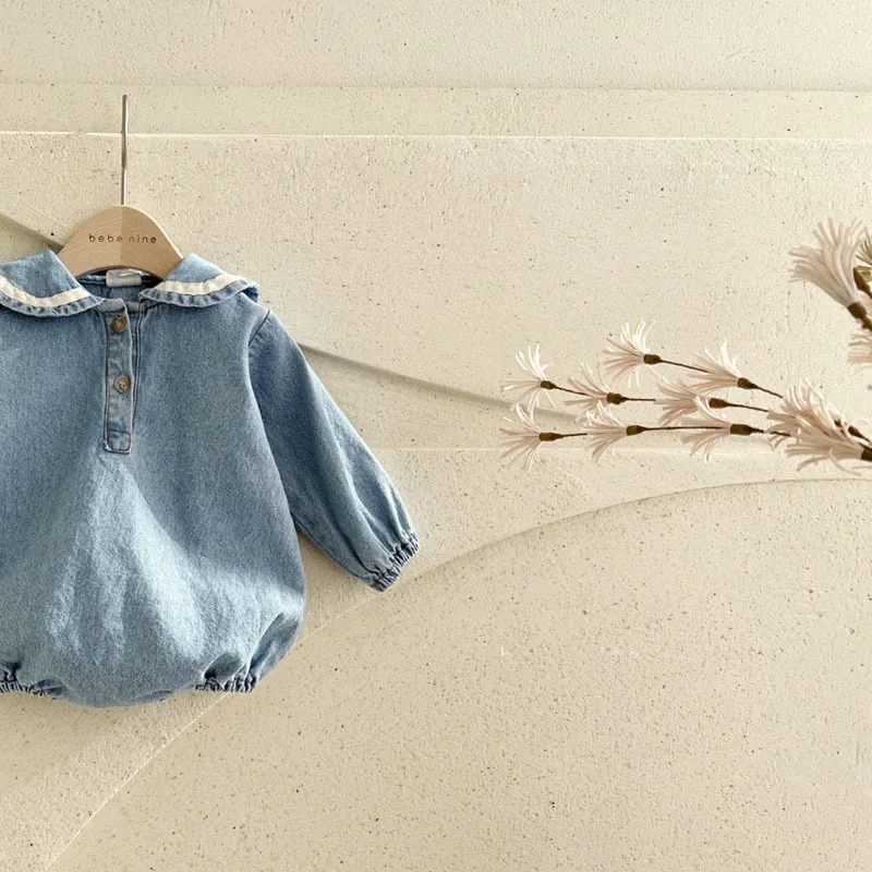 Baby Summer Short Sleeve Denim Bodysuit Infant Boy Navy Collar Jumpsuit Little Girl Denim Clothes Toddler Onesie
