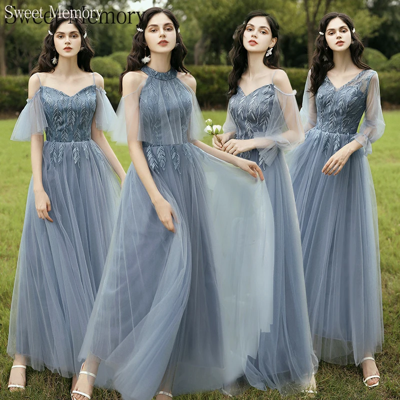 

Elegant Women Long Blue Bridesmaid Dress Lady Floor Length Tulle Appliques Lace Up Wedding Party Dresses Birthday Robes