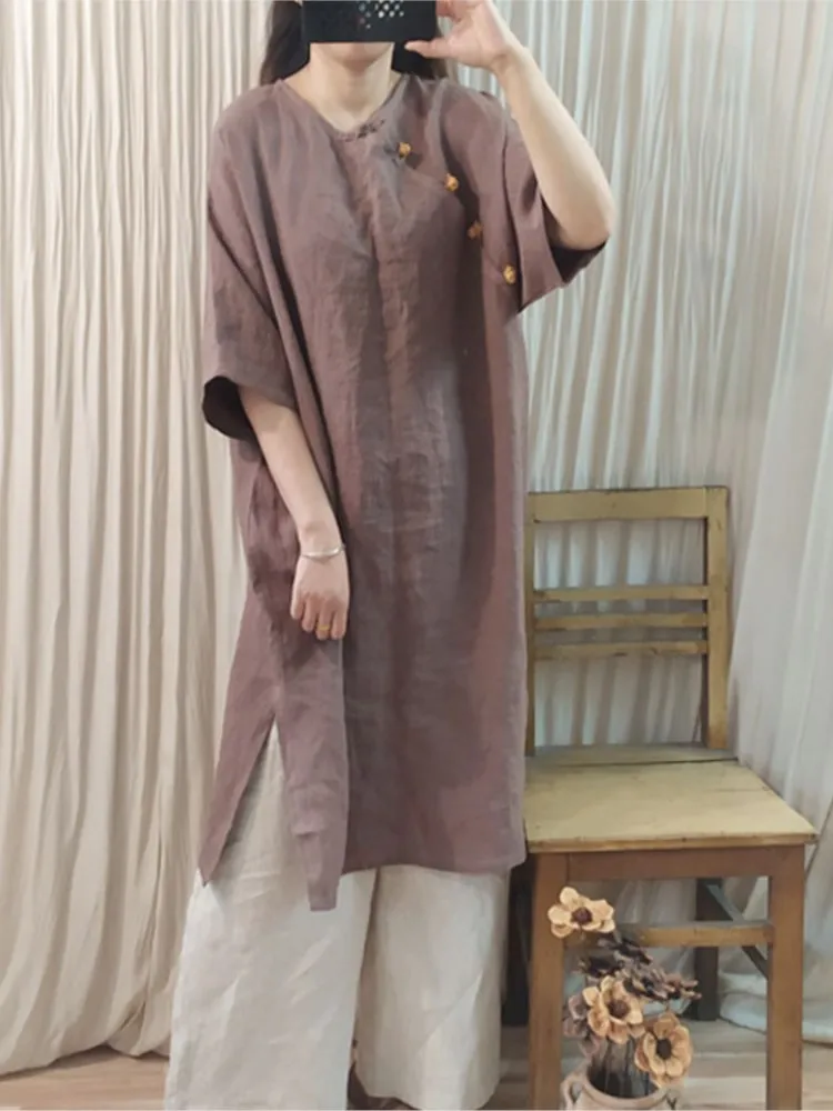 

Womens Dress Original Ramie Cotton Linen Summer Round Collar Half Sleeve Loose Casual Knee Length Women Dress
