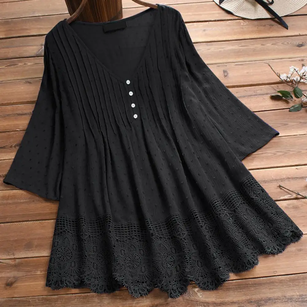 

Oversized Women Top Solid Color Thin Casual Summer Three Quarter Sleeve Hollow Out Loose Blouse for Daily Wear