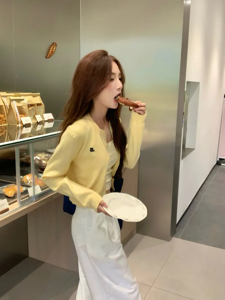 Embroidered Yellow Short Knit cardigan Outerwear Women Early Autumn Versatile Small Round neck sweater Top 2024 New