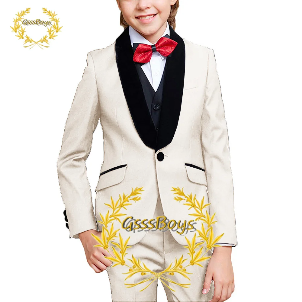 Ivory Boy Suit 3 Piece Jacket Pants Vest Wedding Tuxedo for Kids Formal Dress 3-16 Years Old Clothes conjuntos de blazer