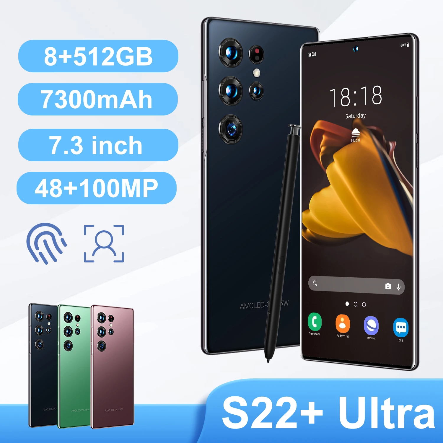 

Original Global Version S22 Ultra Smartphone 7.3 HD Screen Dual SIM 8GB RAM 512GB ROM 48MP AI Triple Camera Unlocked Face ID