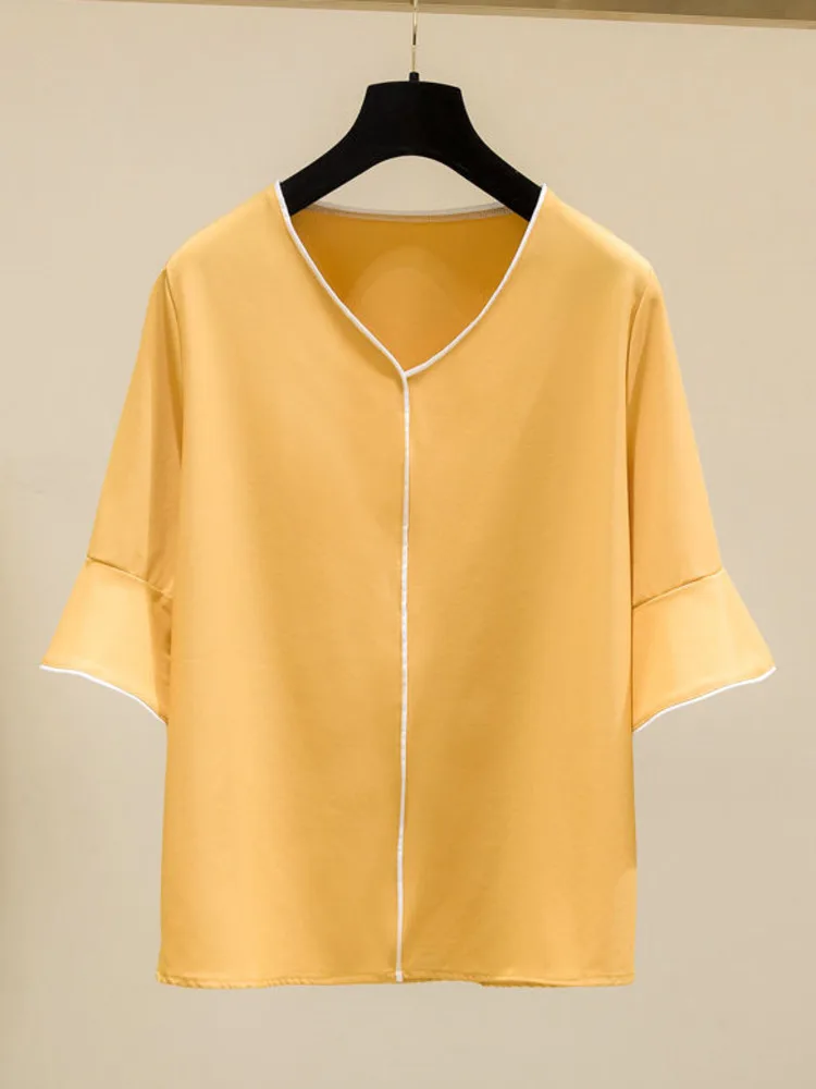 

Nkandby Chiffon Blouse For Women Summer V-neck Cute Flare Sleeve Simple Shirts OL Style Loose Tops Oversized Female Blusas