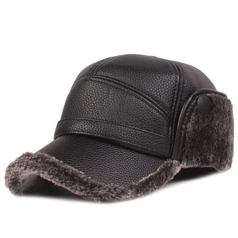 

Winter PU Plush Ear Protection Thickened Baseball Caps For Men Outdoor Black Cold Warm Leather Dad Hat