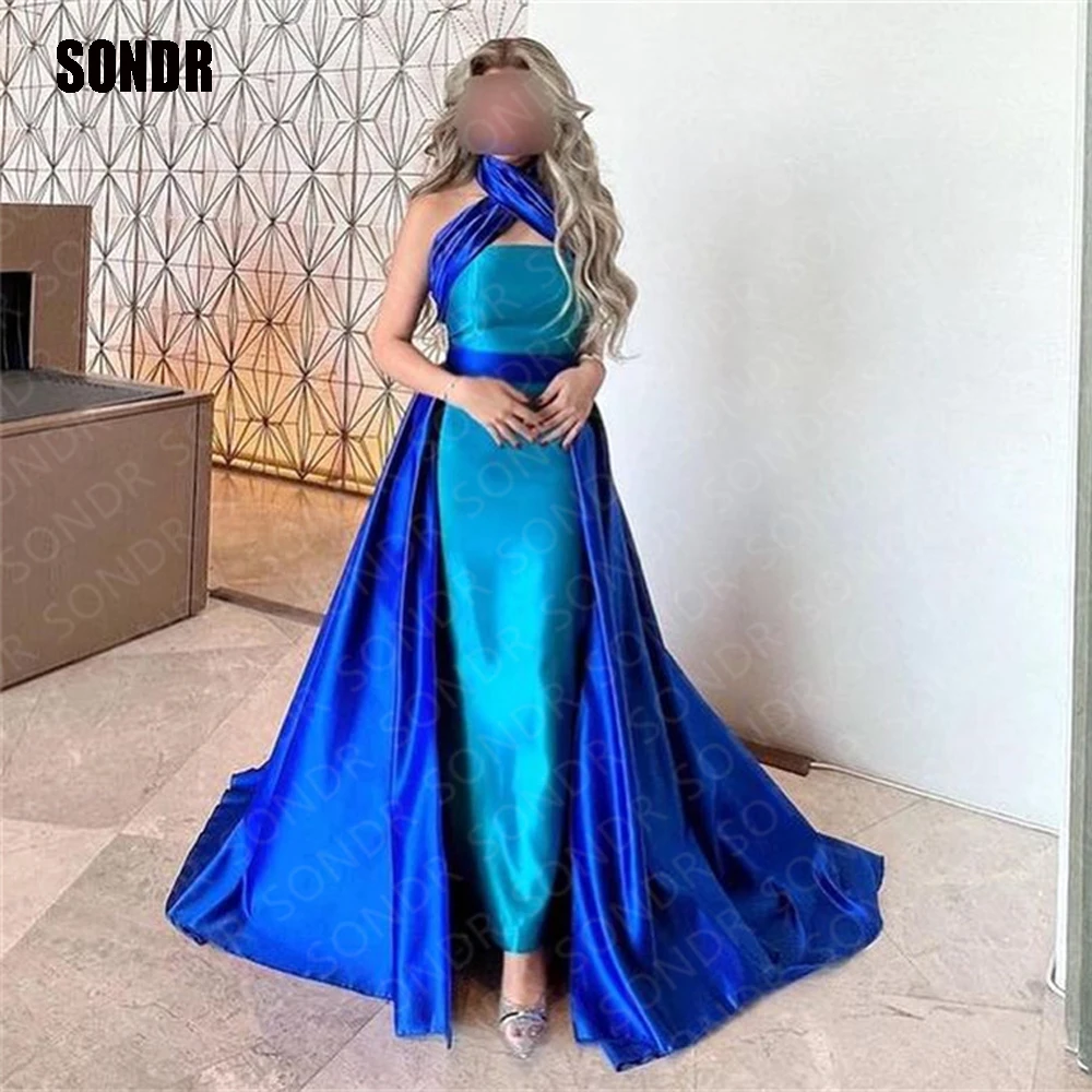 

SONDR Colorful Mermaid Satin Saudi Arabic Evening Dresses Halter Dubai Long Sleeveless Formal Event Prom Dresses Gowns Vestidos