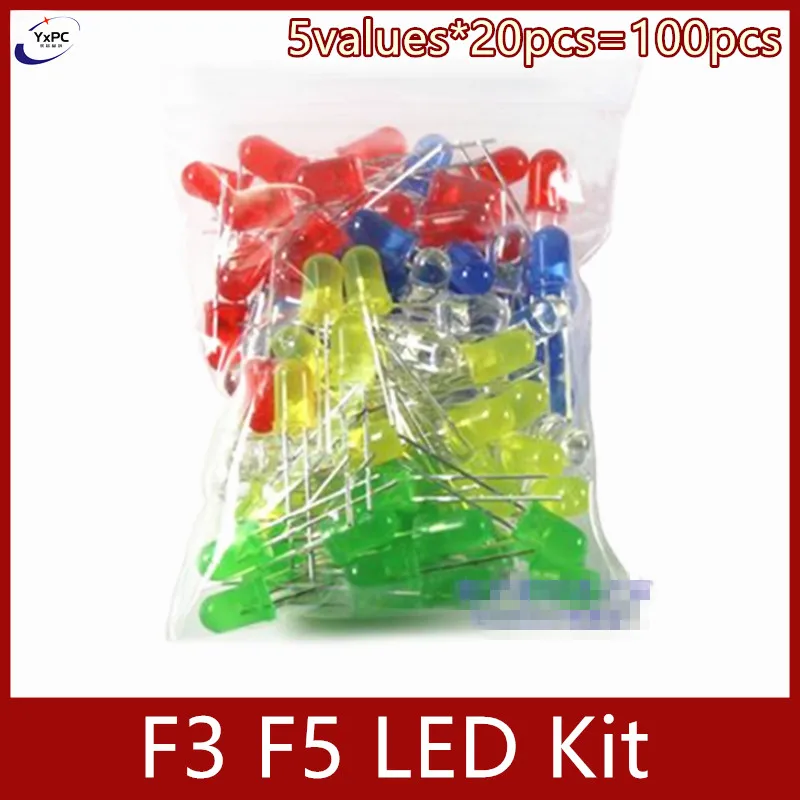 

5values*20pcs F3 F5 3mm 5mm LED Electronic kit Red Yellow Green White Blue Light Emitting Diode Water Clear Light Diodes Set