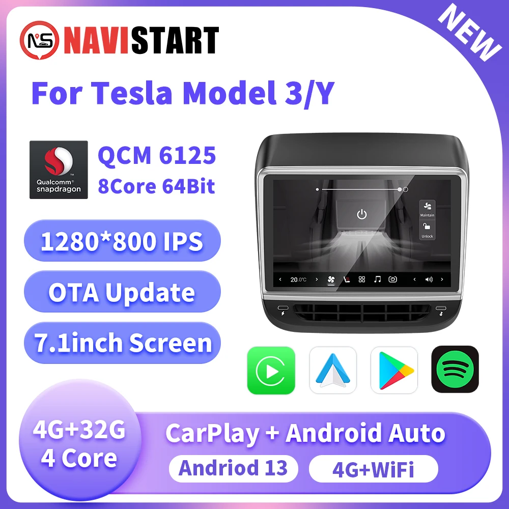 

Задний Дисплей NAVISTART для Tesla Model 3 Y, Android 13, контроль кондиционера, мультимедийный проигрыватель, панель Carplay