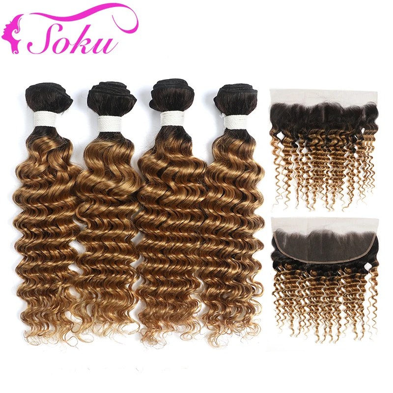 

Ombre Blonde 4 Bundles With Frontal 13x4 SOKU Deep Wave Brazilian Hair Weave Bundles With Closure Non-Remy Human Hair Weft