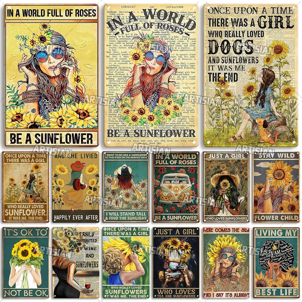 Цыганская металлическая тарелка в стиле хиппи, Оловянная табличка, девушка, Подсолнух, декоративный знак, Настенный декор, гараж, бар, паб, клуб, гостиница, кухня, дом