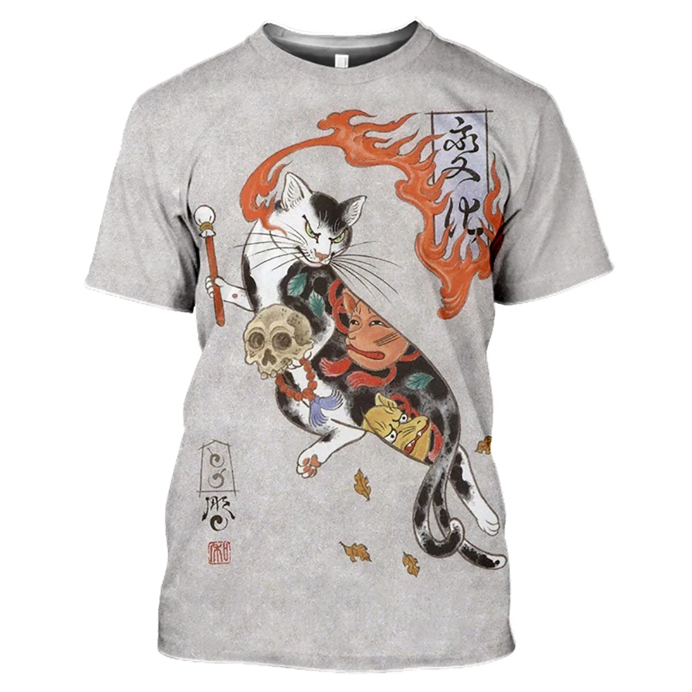 

Винтажная футболка для мужчин и женщин, крутая Классическая рубашка с 3D-принтом самурайского кота и тату, футболка с круглым вырезом, лето