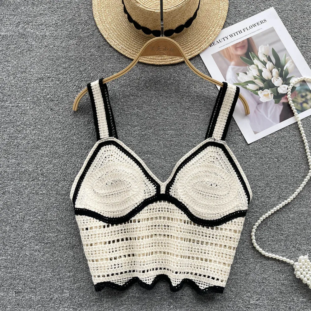 

Женские летние вязаные богемные майки с вырезами, белый вязаный крючком топ с волнистыми краями и открытыми плечами, винтажный укороченный топ без рукавов Y2k