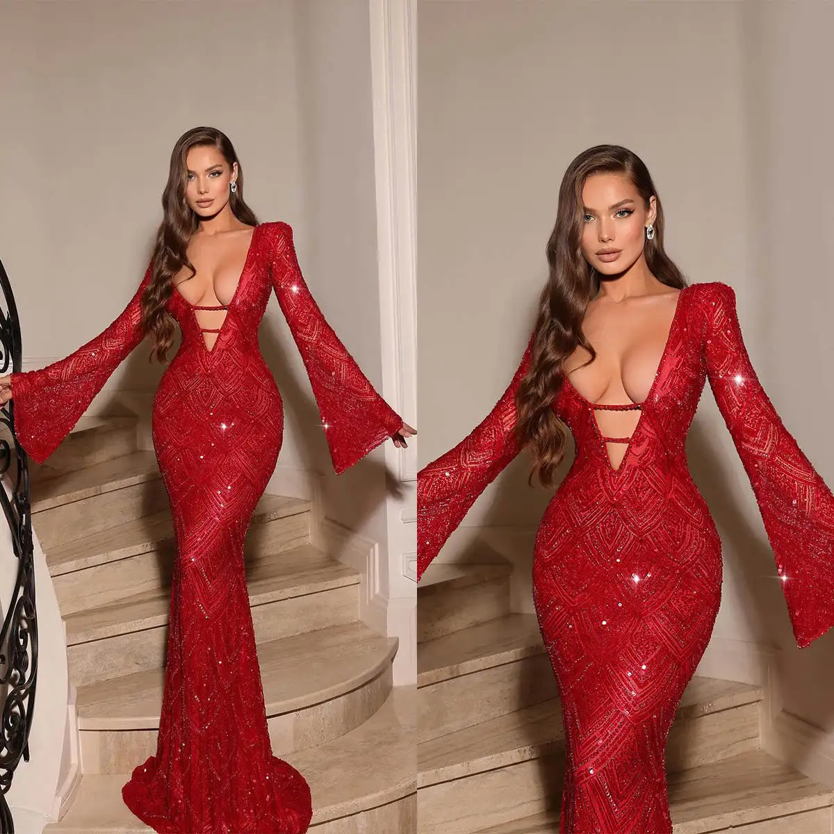 Sexy Evening Dresses Mermaid Deep V-Neck Sequined Long Sleeve Prom Gown Party Dress Vestido De Noite Custom Made