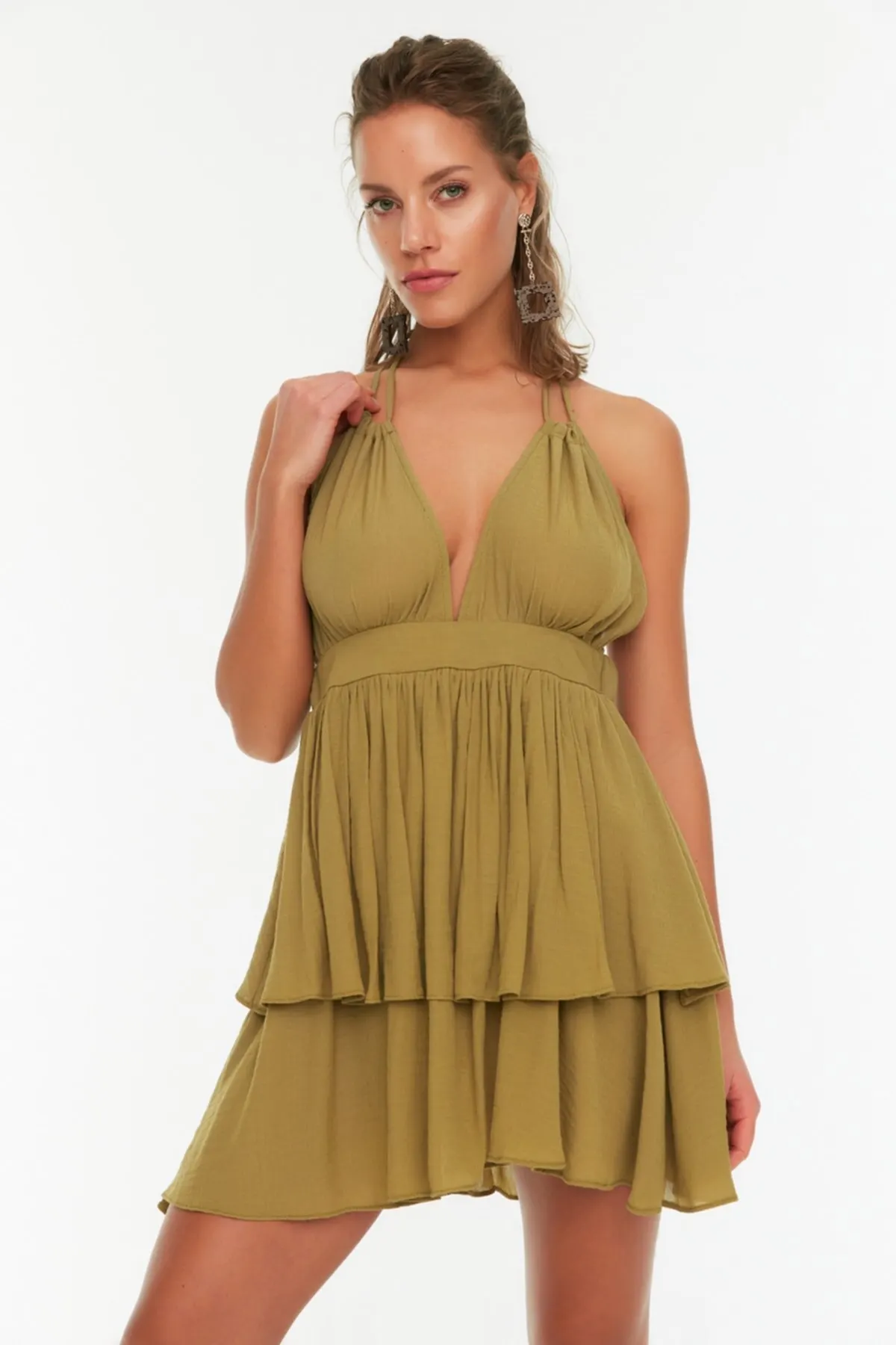 

Women's Dress Green Tie Detailed Frilly Elegant Fashion Casual Casual Comfortable Short Sleeve Summer Boho Beach Dress Dress