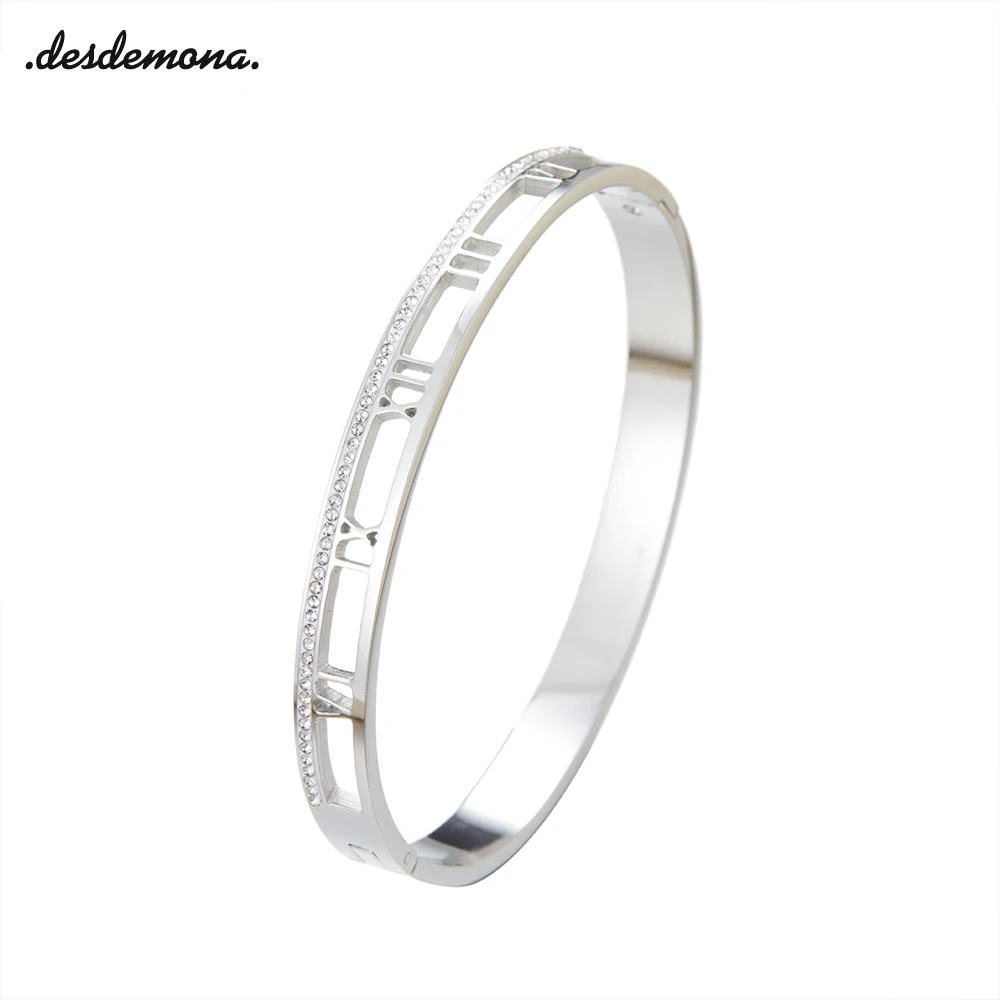 

Zircon Roman Numerals Bangle Stainless Steel Crystal Bracelets For Women Gold Bangles Hollow Roman Numerals Women's Jewelry