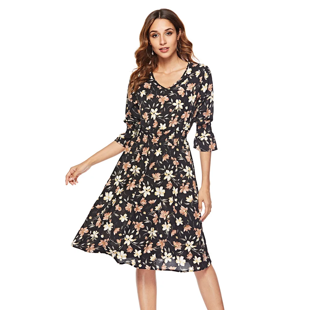 

New Summer Boho Casual Floral Print Haft Sleeve Dress Elegant V-neck Elastic Waist Dresses Ladies Beach Sundress Women Clothing