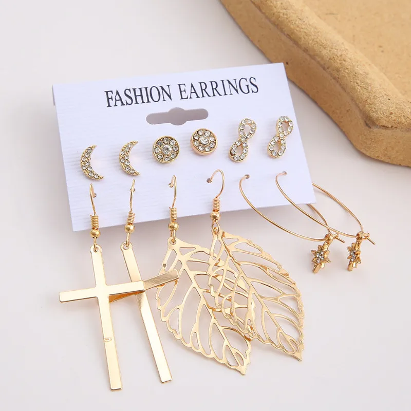 

New Leaf Cross Earrings Set 6 Pieces Creative Alloy Full Diamond 8 Character Moon Ear Stud