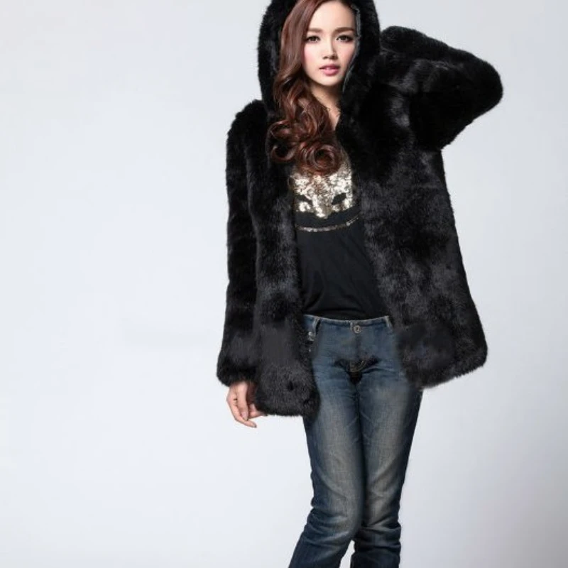 Autumn and Winter Women's Leather Fur Coat Hooded Casual Imitation Rabbit Fur Coat Warm and Loose Overcoat Women Faux Fur Coat