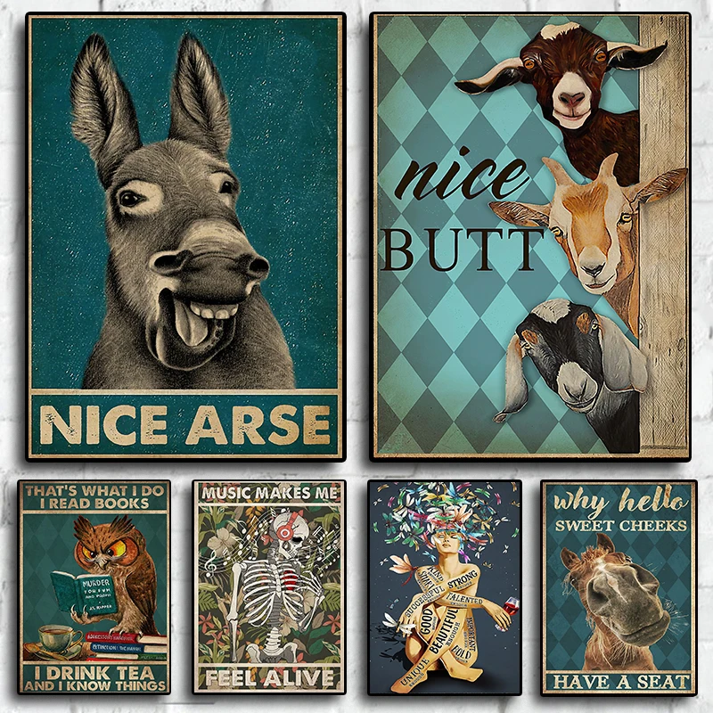 

Постер с черной кошкой в винтажном стиле, забавная картина с изображением осла, динозавра, дракона, украшение на стену, кавайное украшение д...