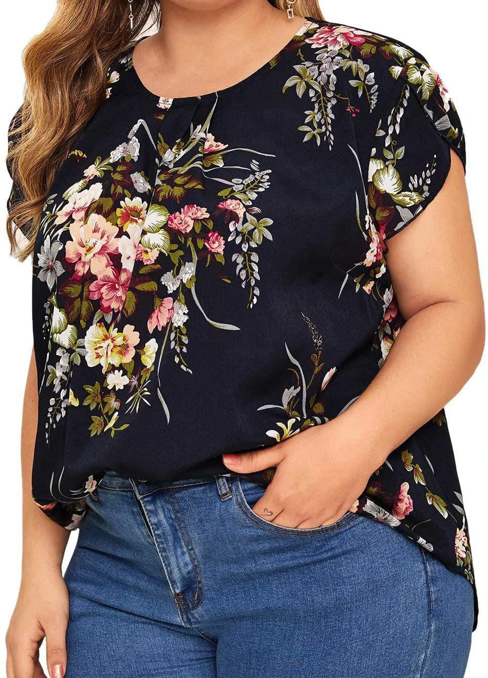 

Женская шифоновая блузка с цветочным принтом, свободная Повседневная Блузка с коротким рукавом, 2023