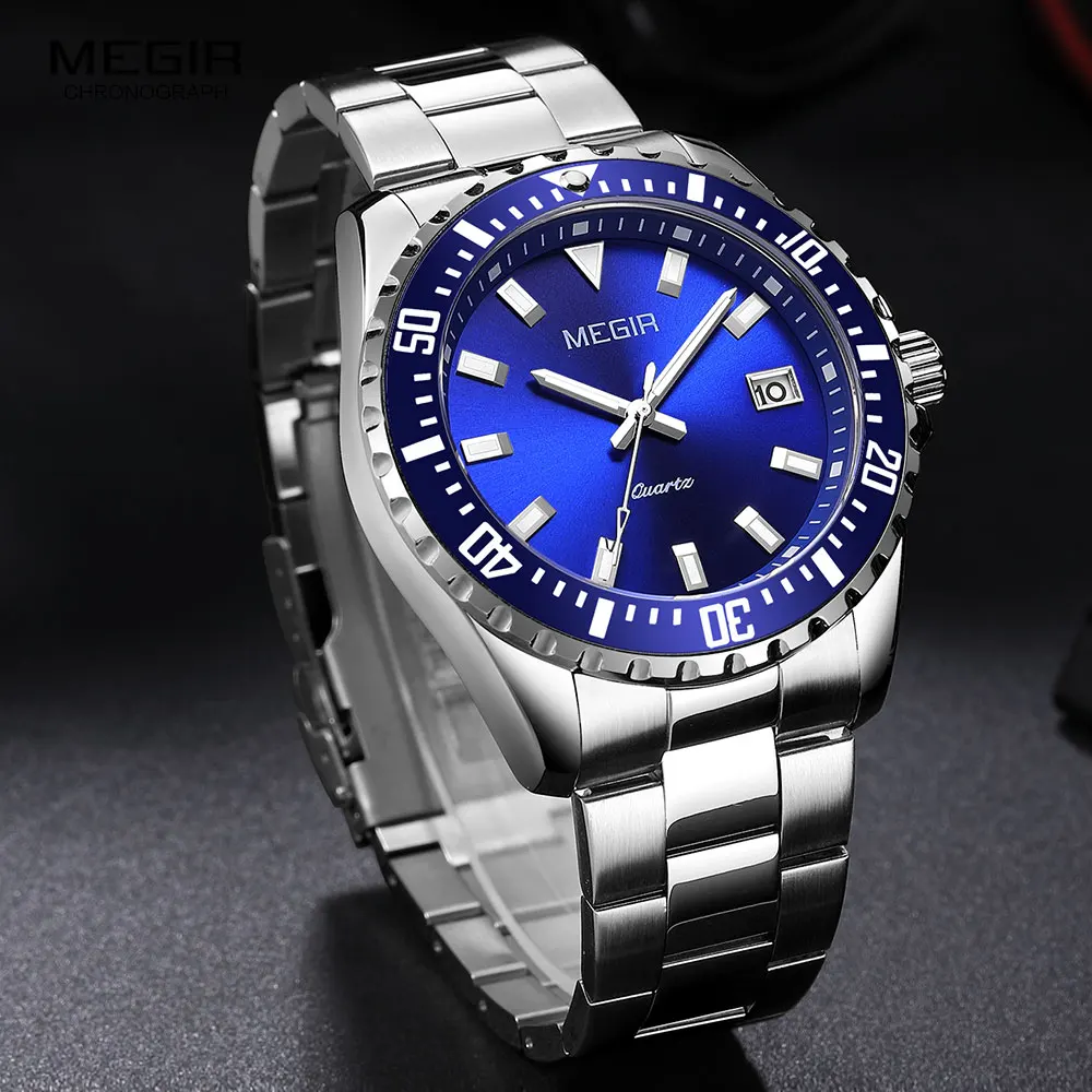 

MEGIR Luxury Quartz Watch for Men Dress Stainless Steel Waterproof Chronograph Business Wristwatch Blue Dial Luminous Watches