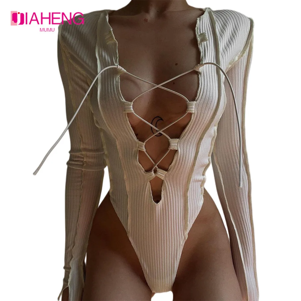 

JIAHENG MUMU Sexy Deep V Ribbed Knitted Long Sleeve Tie Up Bodysuit Women Bandage Reversible Bodycon Female Club Party Slim Top