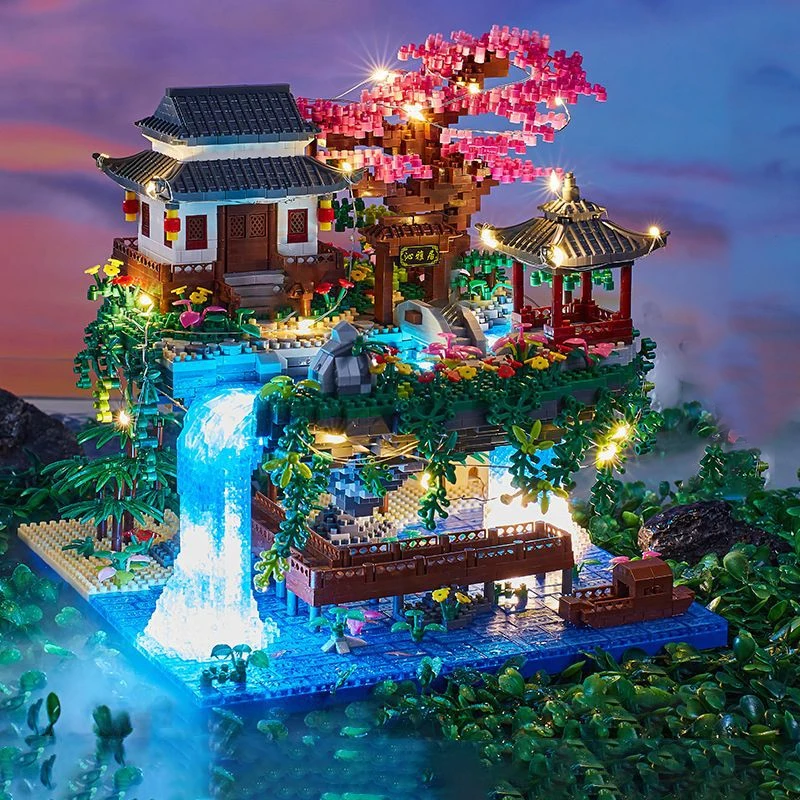 Suzhou Garden Temple Pavilion Island Waterfall Pool LED Light Mini Diamond Blocks Bricks Model Toy For Kids toys No Box