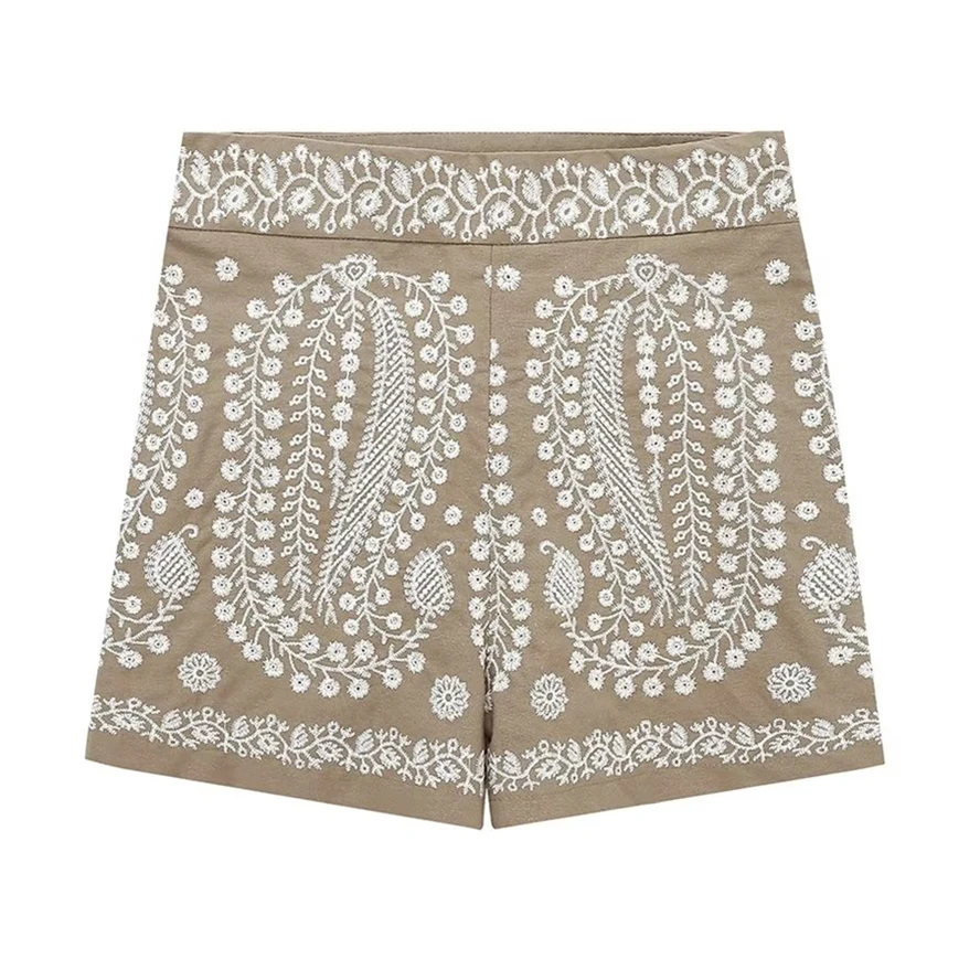 Withered Moroccan Bohemia Retro Casual Summer Shorts Embroidery Hollow High Waist Cotton Bermuda Shorts Women