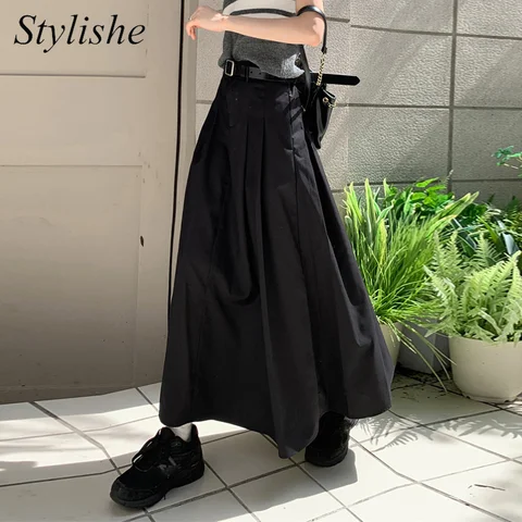 Autumn Maxi Skirt Black 2022 Japanese High Waist Pleated Long Skirts Women Summer Vintage A Line Skirt Girls Khaki Preppy Style