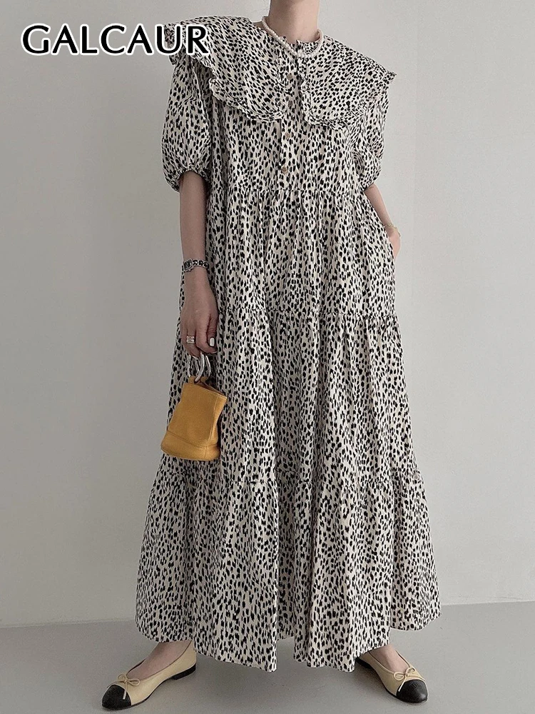 

Платье-Макси женское оверсайз с леопардовым принтом, коротким рукавом и воротником «Питер Пэн»