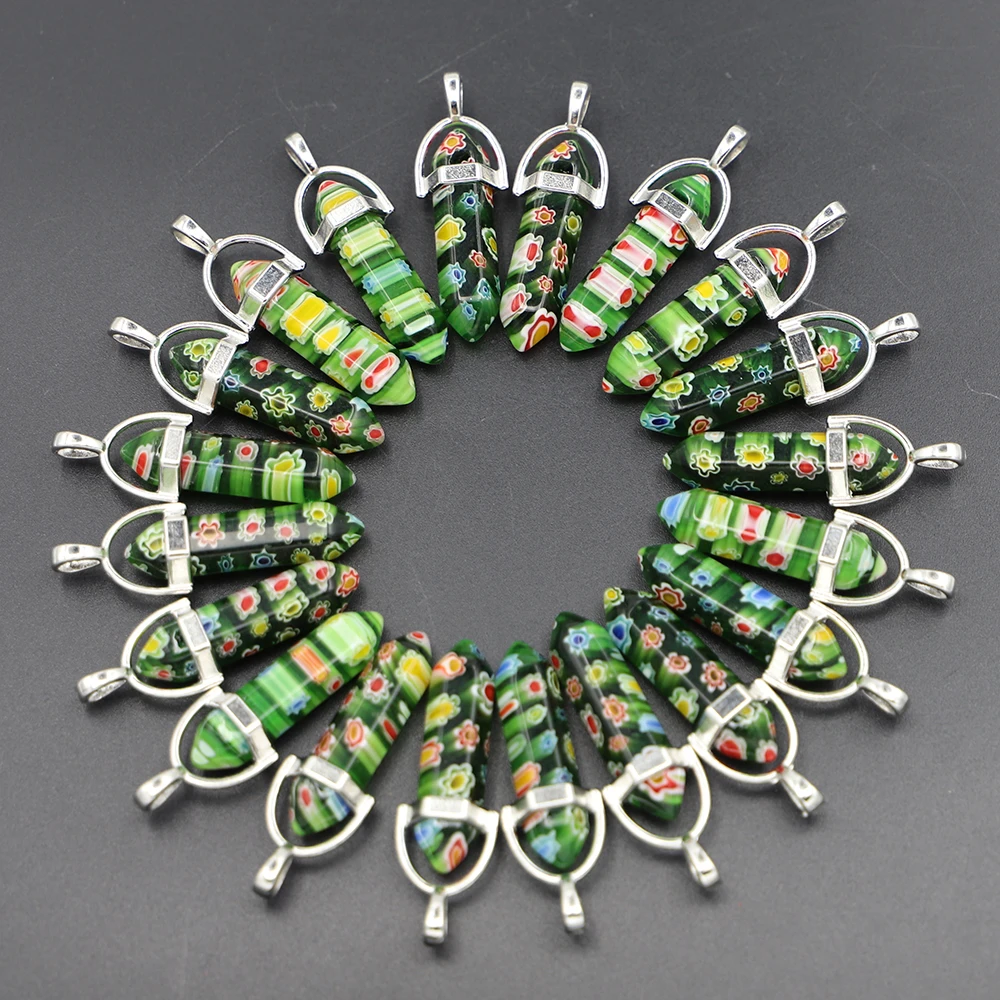 

Hot Fashion Thousand Flowers Glass Pillar Pendants Healing Charms Bullet Pendulum Necklace Making Accessories 24PCS Wholesale