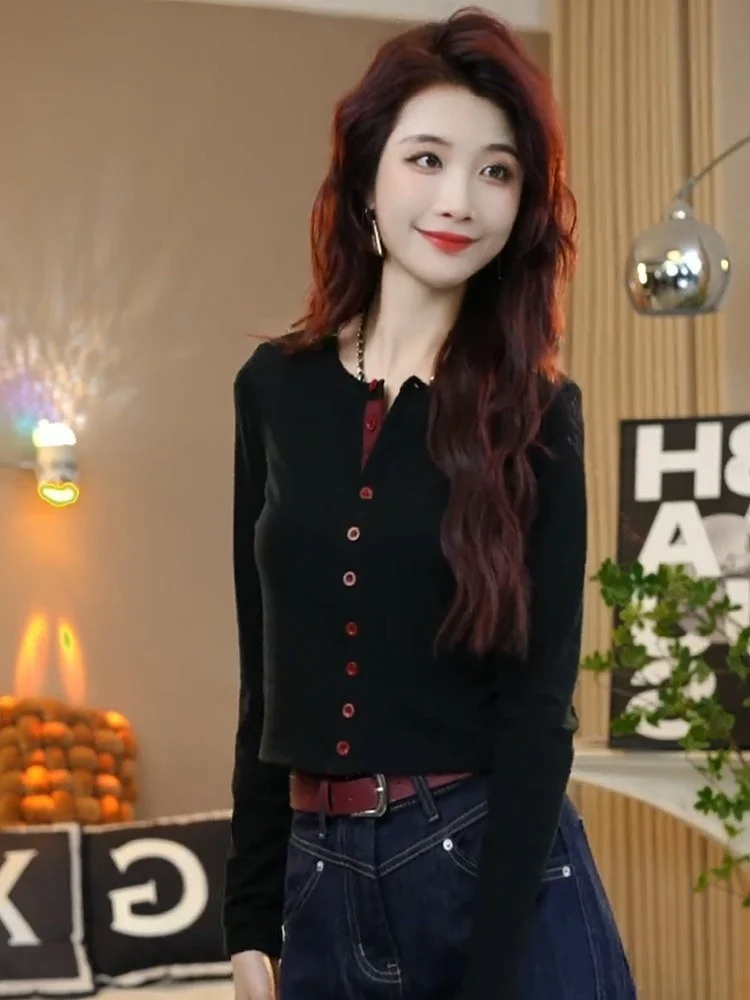 This Year's Popular Contrast Color round Neck Single-Breasted Long sleeves Shirt Women 2024 Autumn New Western Sle Slimming...