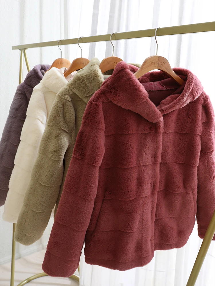 Vimly Hooded Faux Fur Coat 2022 Winter Office Ladies Fashion Luxury Thick Warm Fur Jacket Overcoat for Women Clothes 50386