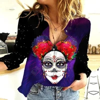 3d printed black purple flower skull fashion casual shirt button down shirt womens long sleeve shirt unique sport streewear