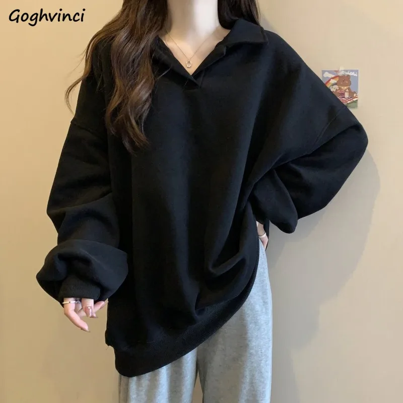 

Свитшот женский однотонный с отложным воротником, простой Мешковатый свитшот Y2k, универсальная одежда для отдыха в колледже, Ulzzang, весна-осень