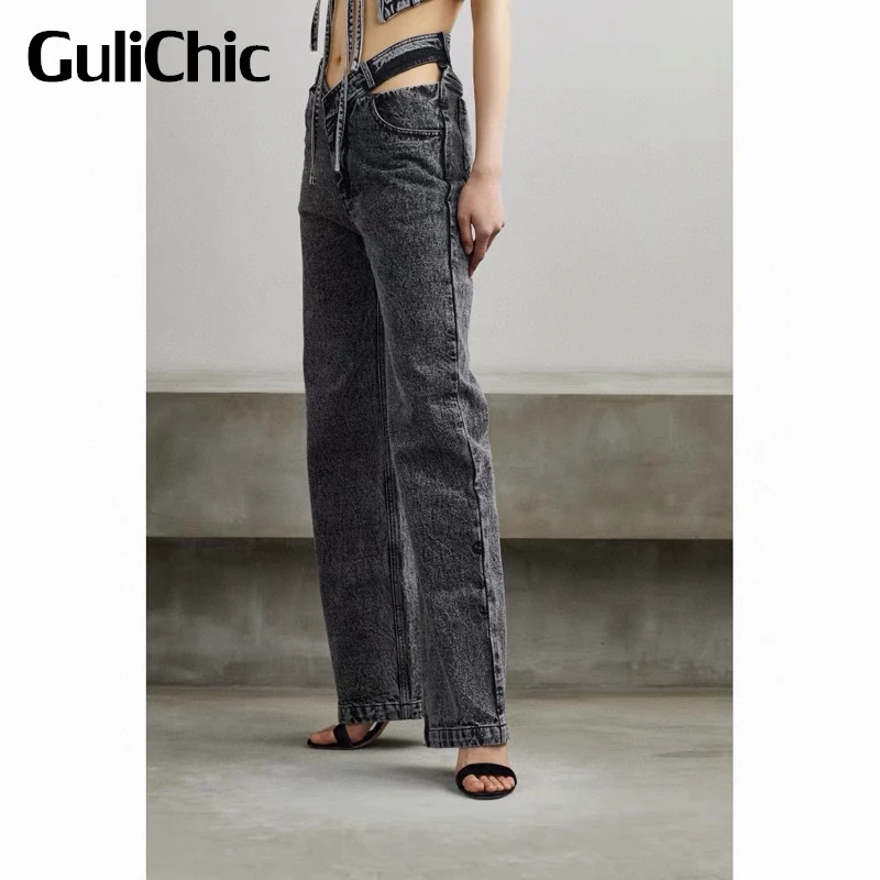 

4.12 GuliChic High Street Single Breasted Square Collar Short Denim Jacket Or Hollow Out Straight Jeans Set Women