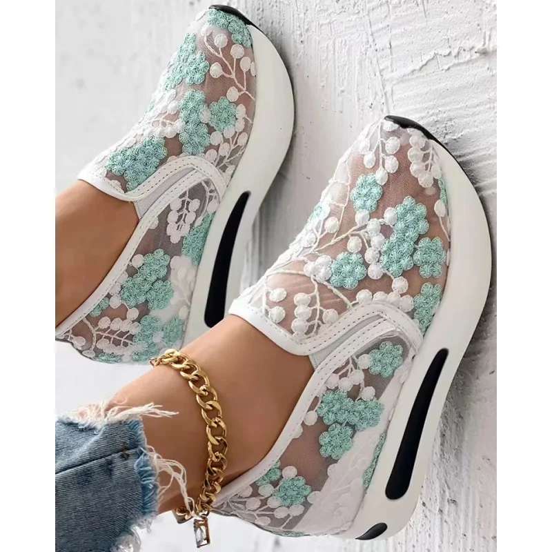 Women's Sneakers Floral Embroidery Mesh Sneakers for Women Slip on Casual Comfy Heeled Shoes Woman