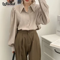 textured foldf long sleeve womens blouse shirt 2022 autumn korean fashion casual puff sleeves turn down collar loose blouses