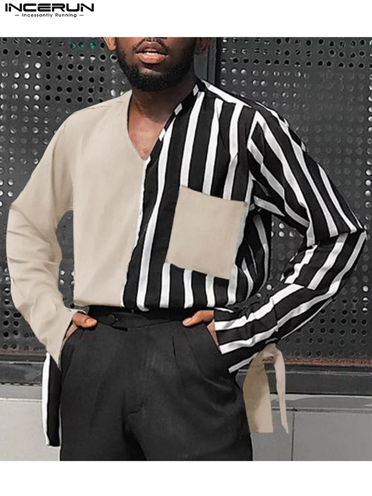 

Men Shirt Striped Patchwork V Neck Long Sleeve Fashion Casual Men Clothing Lace Up 2022 Pockets Leisure Camisas S-5XL INCERUN
