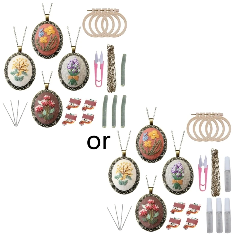 

4-Pack Fashion Embroidery Pendant Kit with Scissors Needles Instructions DIY Necklace Art Crafts for Cross Stitch Kits G