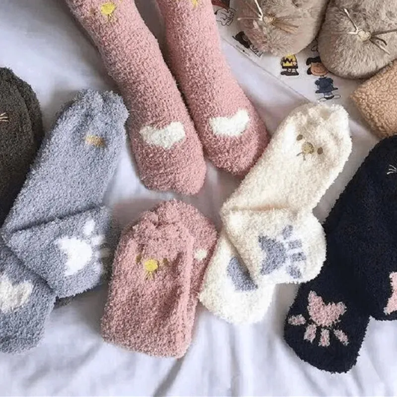 Yasuk Autumn Winter Women's Fashion Cute Comfortable Heigh Tube Stocking Socks Warm Thick Flannel Kawaii Sweet Print Sleep 5Pcs