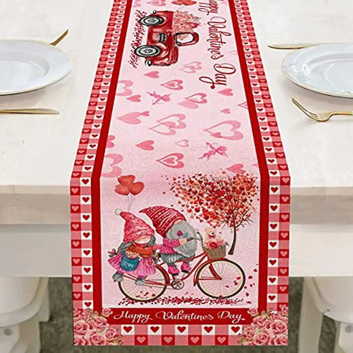 Valentines Day Red Truck Burlap Table Runner Wedding Decoration Gnomes Love Hearts Pink Dining Table Runner Holiday Party Decor
