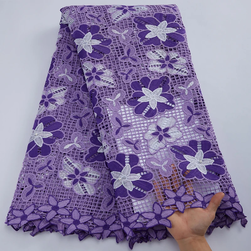 Purple African Guipure Lace Fabric 2022 High Quality Guipure Cord Lace Nigerian Water Soluble Lace Fabric For Party Dress Y2847