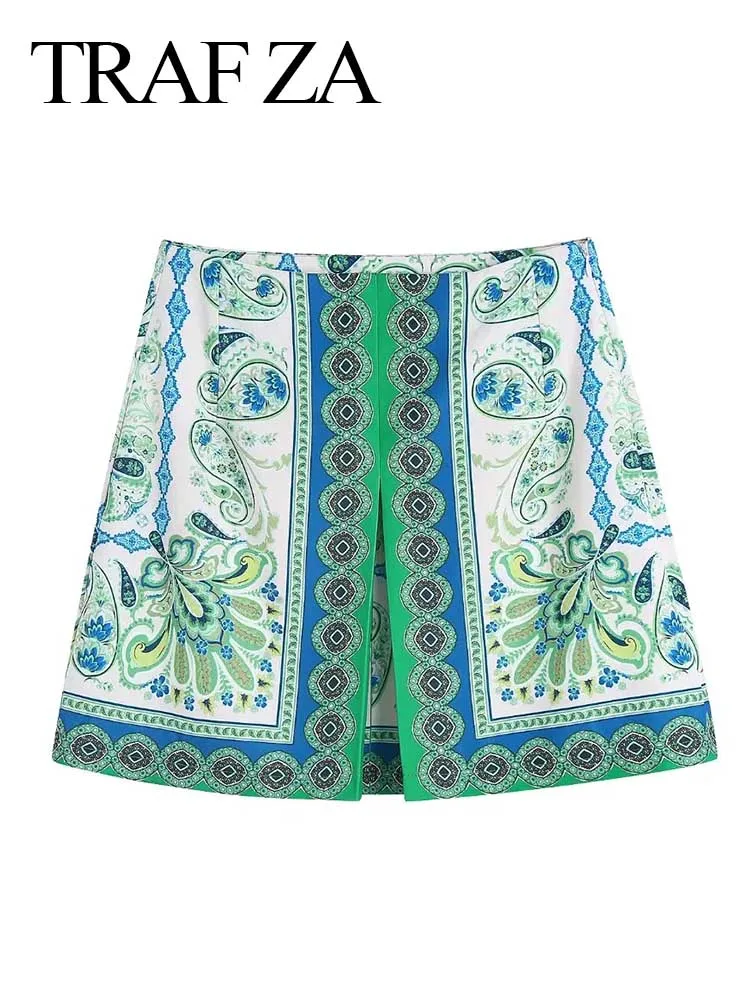 

TRAF ZA Fashion Retro Women's Printed Short Skirt Green Series Slim Fit Sexy Slit Chinese Style Summer Commuter Elegant Skirt