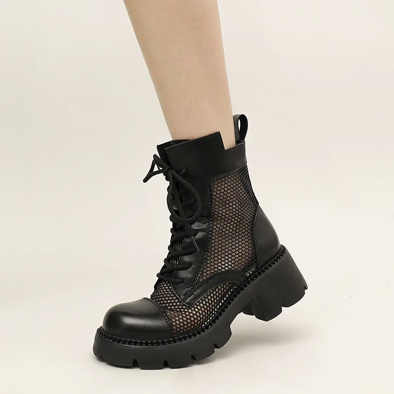 AIYUQI Cool Boots Female Genuine Leather 2023 New Vintage Hollow Out Female Ankle Boots Mesh Gauze Summer Boots Short Female