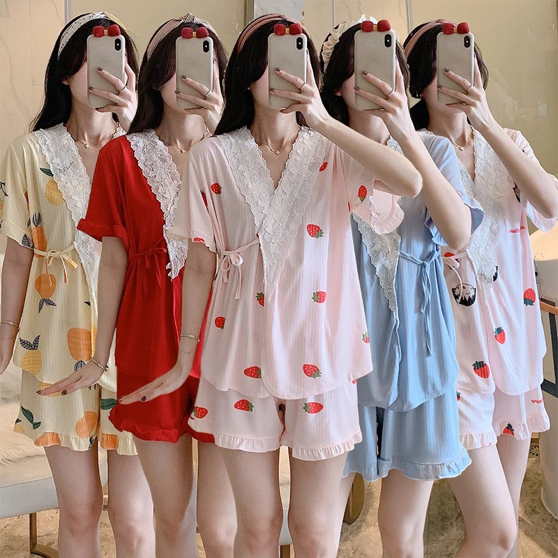 

2022 Summer Short Sleeve Print Shorts Kimono Pajama Sets for Women Cute Lace Sleepwear Suit Pyjama Homewear Pijama Mujer Clothes